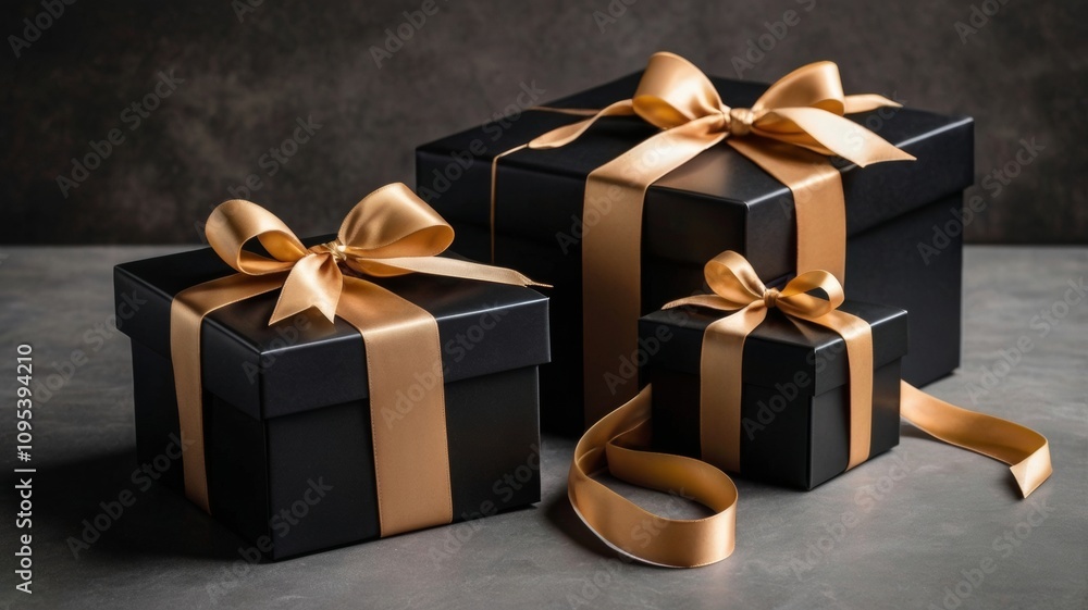 Elegant Black Gift Boxes with Ribbons Arranged Perfectly for Special Occasions Elegant Black Gift Boxes with Ribbons Arranged Perfectly for Special Occasions
