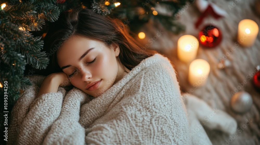 Cozy Winter Bliss: Woman Relaxing by Christmas Tree Lights Cozy Winter Bliss: Woman Relaxing by Christmas Tree Lights