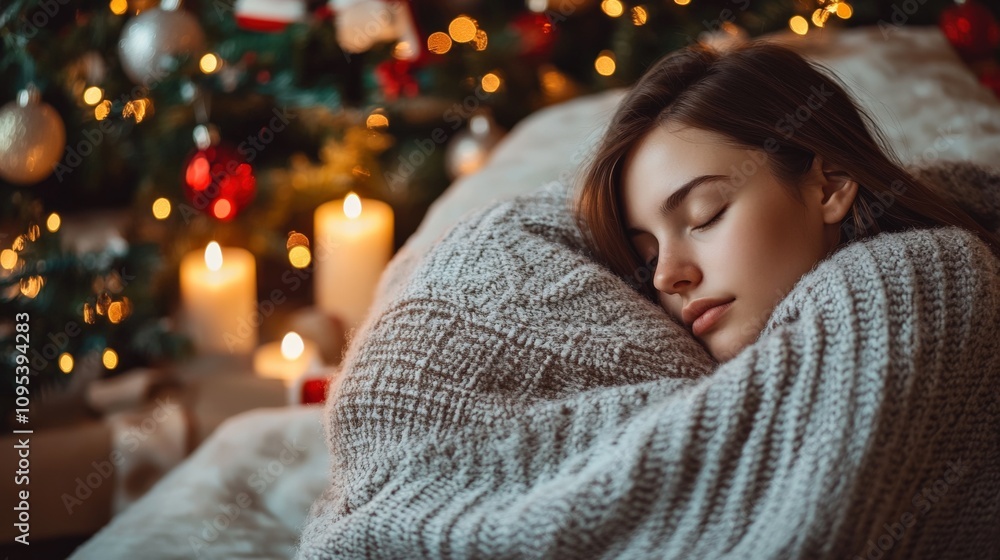 Cozy Christmas Evening: Serene Young Woman Wrapped in Soft Blanket Cozy Christmas Evening: Serene Young Woman Wrapped in Soft Blanket