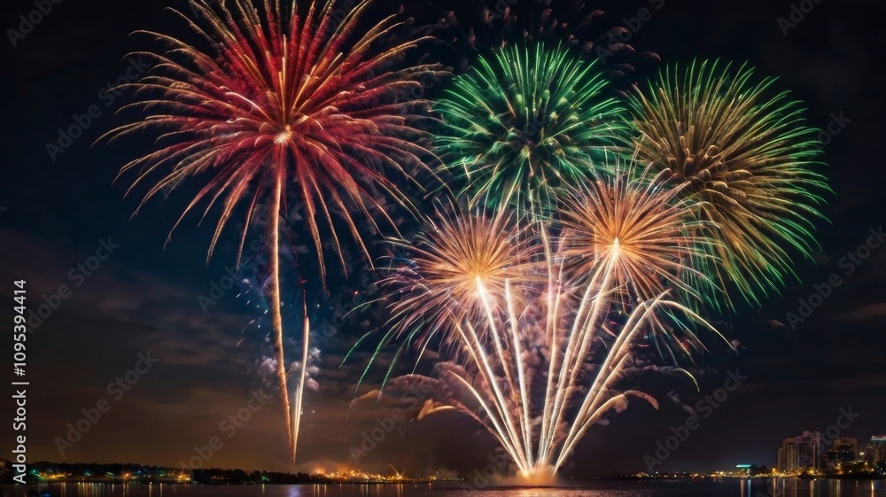 Festive fireworks lighting up the night sky creating a joyful celebration atmosphere Festive fireworks lighting up the night sky creating a joyful celebration atmosphere