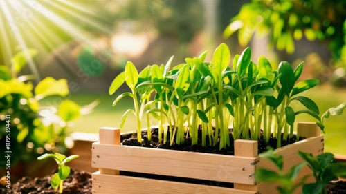 New Life:  A wooden crate filled with vibrant green seedlings basks in the warm glow of sunlight, symbolizing growth, renewal, and the promise of a bountiful harvest.   photo