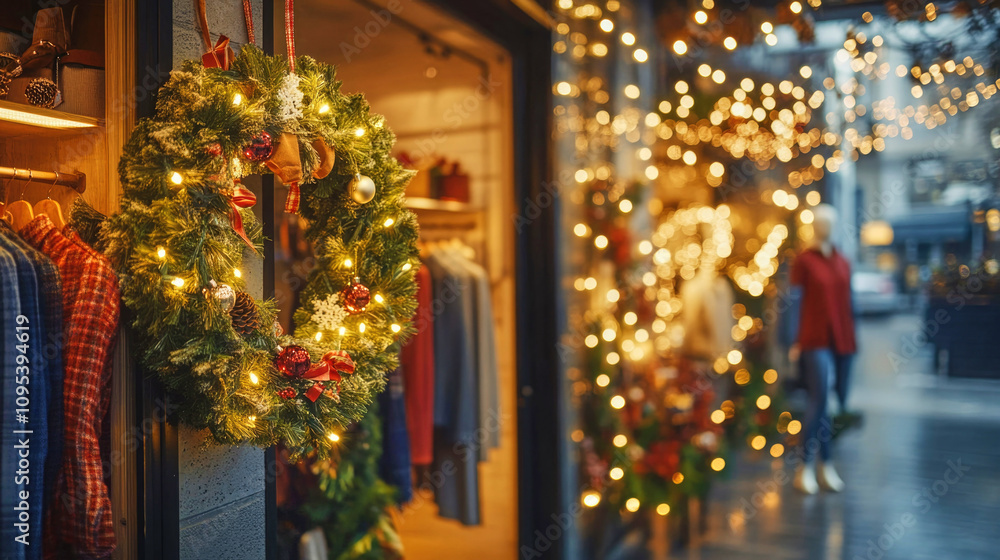 A soft-focus view showcases a modern boutique decorated for the holidays A soft-focus view showcases a modern boutique decorated for the holidays