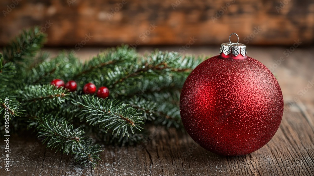 Festive Red Ornament and Evergreen Branch on Rustic Wooden Table Festive Red Ornament and Evergreen Branch on Rustic Wooden Table
