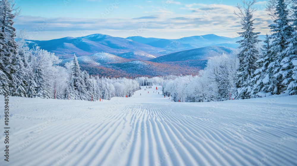 Majestic ski slopes showcase groomed corduroy under winter skies in serene landscape Majestic ski slopes showcase groomed corduroy under winter skies in serene landscape