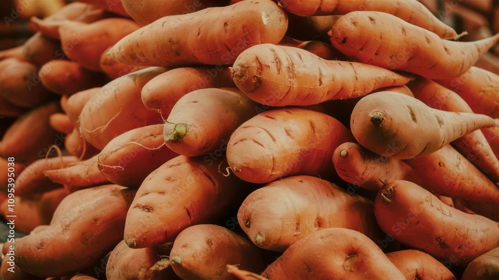 Harvest Bounty: A close-up view of a vibrant pile of fresh sweet potatoes, their earthy tones and textured skins exuding a sense of wholesomeness and abundance. Harvest Bounty: A close-up view of a vibrant pile of fresh sweet potatoes, their earthy tones and textured skins exuding a sense of wholesomeness and abundance.