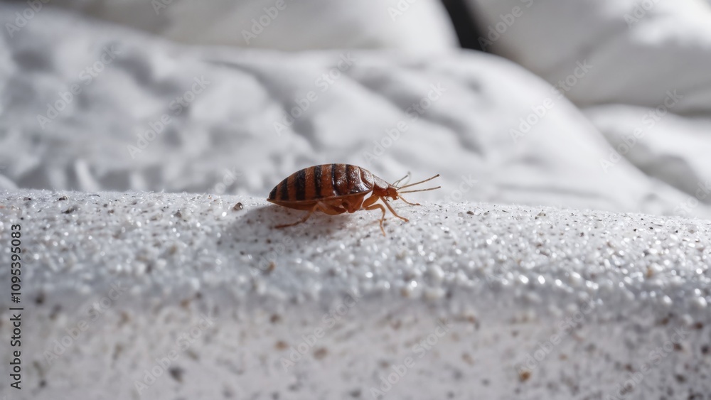 Obraz premium Examining a bed bug crawling on textured surface in a dimly lit bedroom during the morning hours