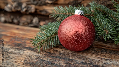 Festive Red Christmas Ornament on Rustic Wood Background