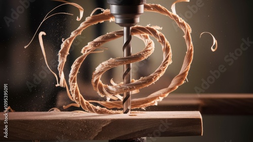 Woodworking Spiral: Precision and artistry converge as a drill bit carves a mesmerizing spiral pattern into a piece of wood, showcasing the beauty of craftsmanship and the power of precision.  photo