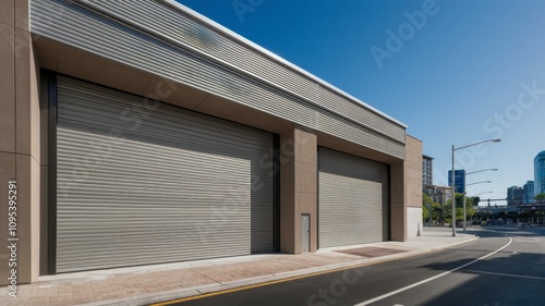 Wallpaper Mural Modern Industrial Garage Doors: Two large, gray, rolling garage doors stand closed in a contemporary building exterior, creating a sense of security and strength. Torontodigital.ca