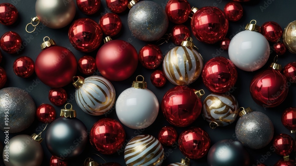 Bunch of Christmas ornaments are on a black background Bunch of Christmas ornaments are on a black background