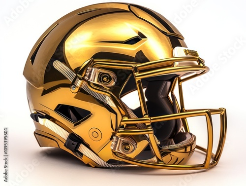 A shiny gold football helmet showcasing modern design and protective features. photo