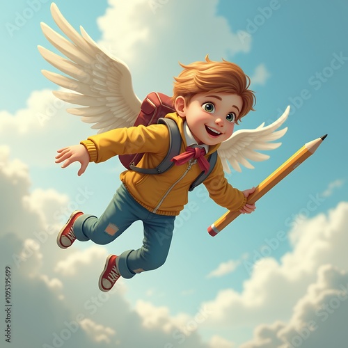 A whimsical image of a young school child joyfully flying on a giant pencil, representing creativity and the limitless power of imagination in education and learning environments. photo