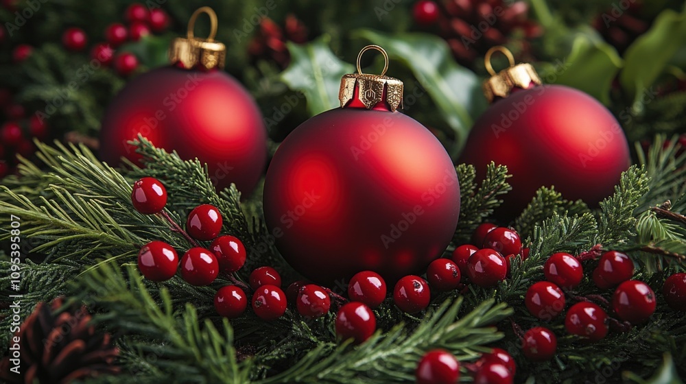 Festive Red Ornaments Nestled in Evergreen Foliage Festive Red Ornaments Nestled in Evergreen Foliage