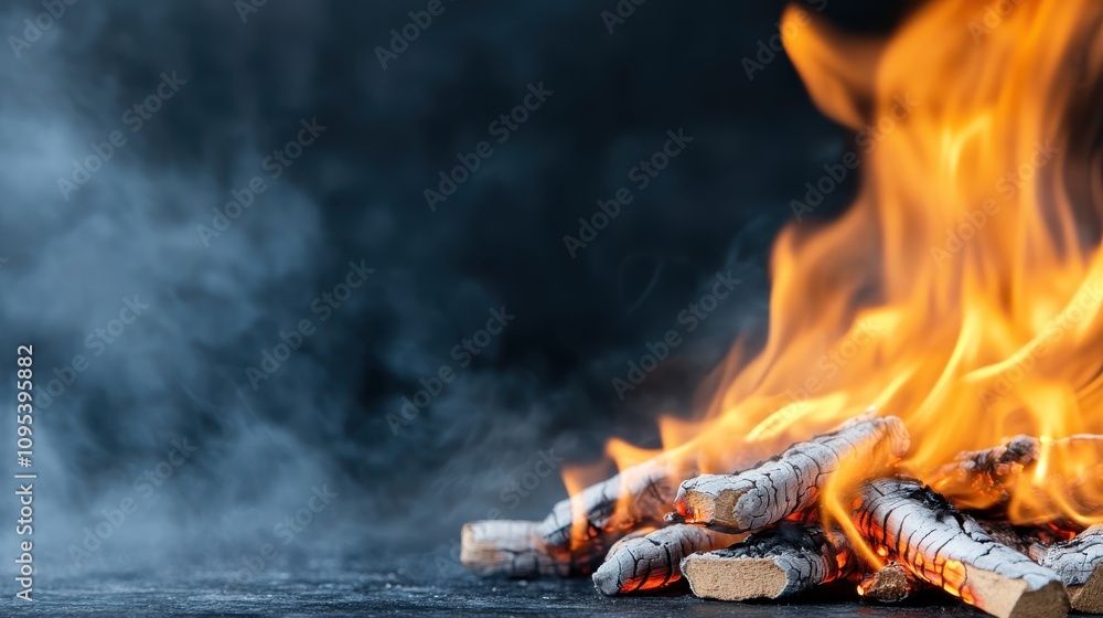 Naklejka premium This image captures a pile of wood logs engulfed in bright orange flames against a black background, depicting the intense and mesmerizing beauty of a fire in full blaze.