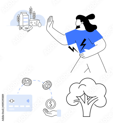 Woman avoiding allergens thumbs up dairy and fish. Person making a financial transaction. Tree symbolizing nature. Ideal for topics on health, nutrition, allergy awareness, finances, sustainability