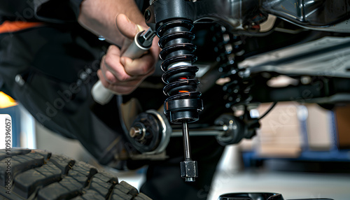 Closeup hand man with screwdriver changing tire and maintaining a car shock absorbers at garage