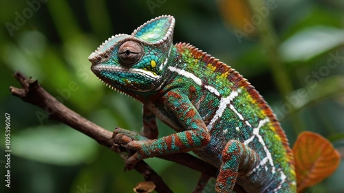 Green and white chameleon is on a branch