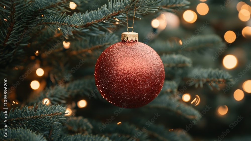 Elegant Red Christmas Ornament Hanging on Evergreen Tree Elegant Red Christmas Ornament Hanging on Evergreen Tree