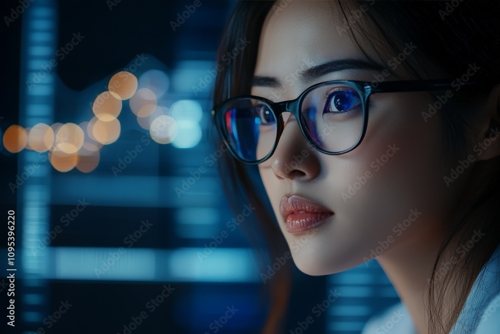 A woman wearing glasses intently analyzes fluctuating data on a futuristic glowing screen, representing data analysis and technological advancement. A woman wearing glasses intently analyzes fluctuating data on a futuristic glowing screen, representing data analysis and technological advancement.