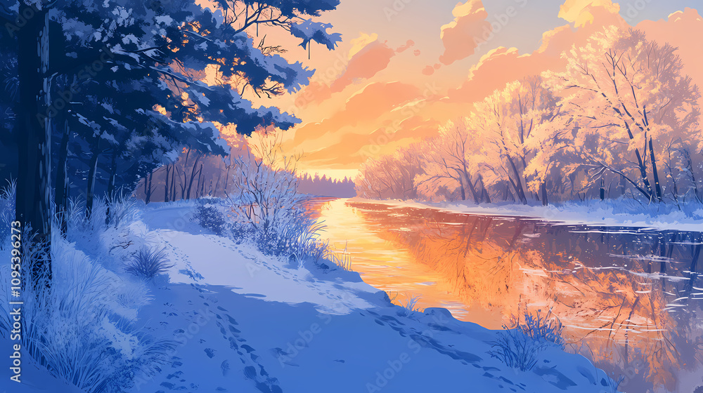 Winter sunrise along a snow-covered path beside a tranquil river, glistening trees reflecting in the water. Frosted Morning Path. Illustration Winter sunrise along a snow-covered path beside a tranquil river, glistening trees reflecting in the water. Frosted Morning Path. Illustration