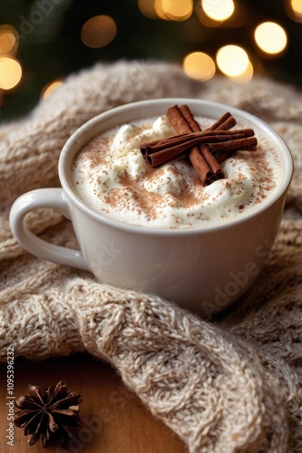 White mug with whipped cream and cinnamon on top