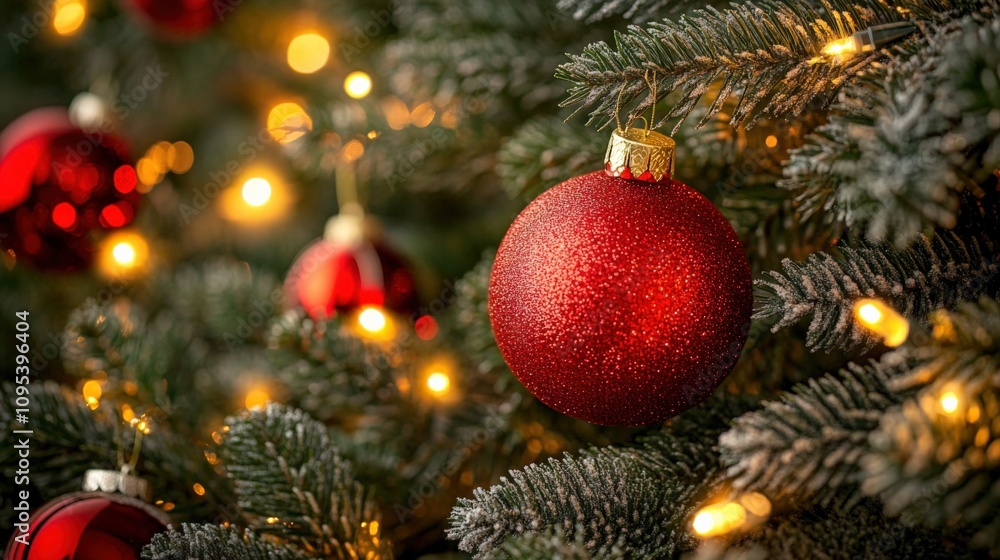 Festive Red Ornament on Christmas Tree with Warm Lights Festive Red Ornament on Christmas Tree with Warm Lights