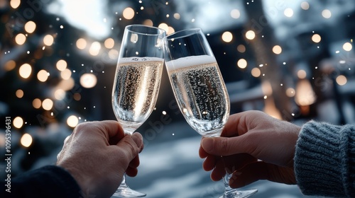 Two hands clinking champagne glasses in a snow-covered setting with bokeh lights, symbolizing celebration and connection in a magical winter wonderland.
