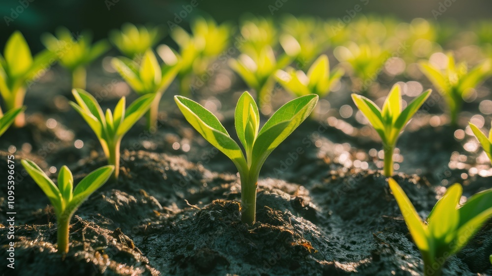 Seedlings Emerging: Rows of vibrant green seedlings sprout from rich dark soil, bathed in the warm glow of sunlight, symbolizing growth, new beginnings, and the promise of a bountiful harvest. 