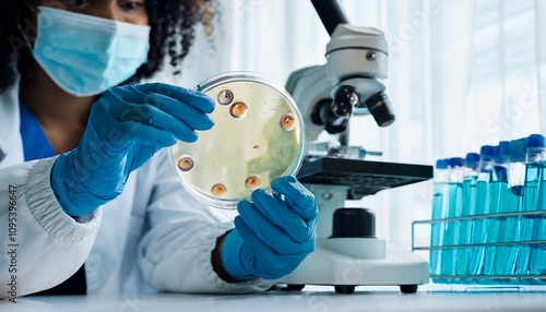 A scientist examining a petri dish with bacterial cultures in a modern laboratory, emphasizing microbiological research and scientific discovery. photo