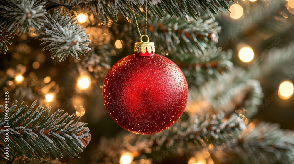 Festive Red Christmas Ornament on Frosted Pine Tree Branch