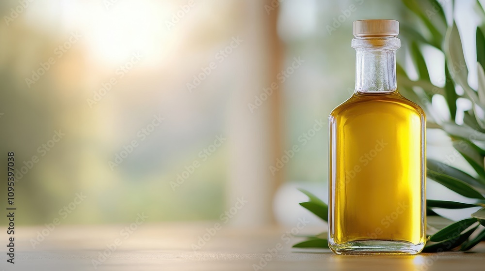 An elegant bottle of golden olive oil stands amidst fresh olive leaves on a bright table, capturing the essence of culinary luxury and natural purity. An elegant bottle of golden olive oil stands amidst fresh olive leaves on a bright table, capturing the essence of culinary luxury and natural purity.