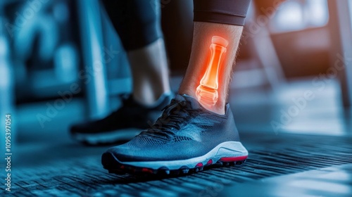 Ankle Injury: X-ray of an injured ankle superimposed on a person wearing athletic shoes. photo