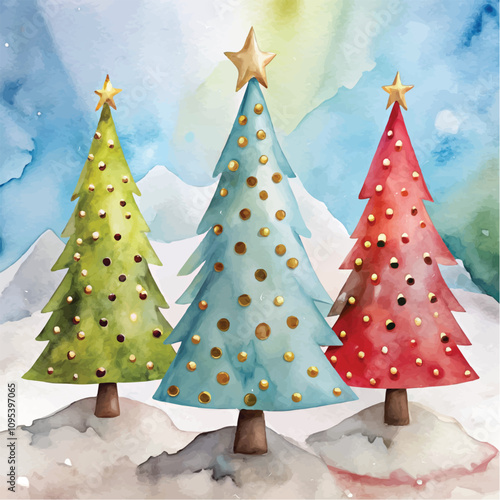 Vibrant Christmas trees with gold polka dots and star toppers in snowy scenery