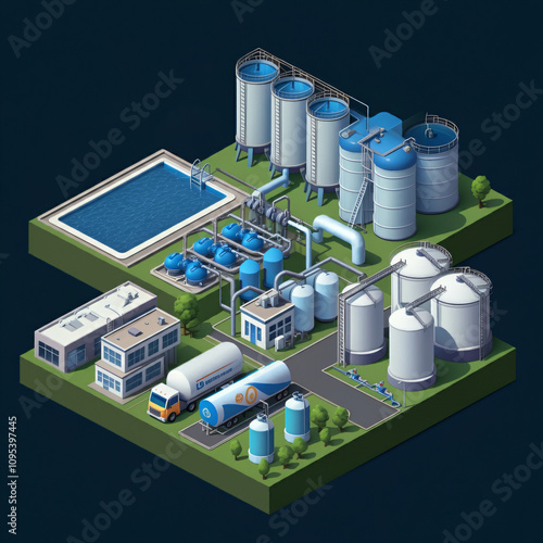 Isometric view of an industrial water treatment facility with tanks, buildings, and a pool.