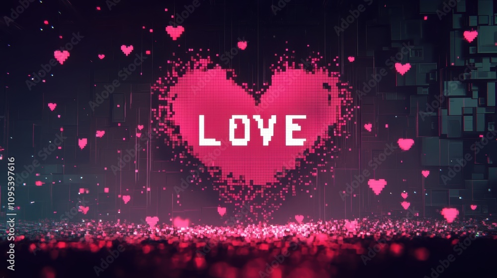 Retro 8-bit pixel art scene featuring pink and red pixelated heart shapes floating on a digital grid, with the word Retro 8-bit pixel art scene featuring pink and red pixelated heart shapes floating on a digital grid, with the word