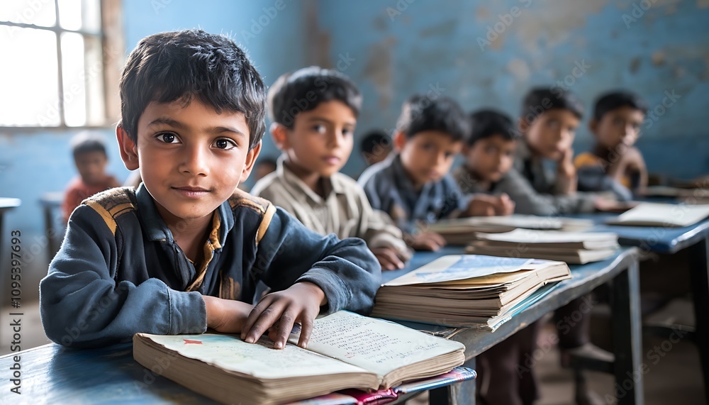 A group of young boys attentively studying in a classroom setting. A group of young boys attentively studying in a classroom setting.