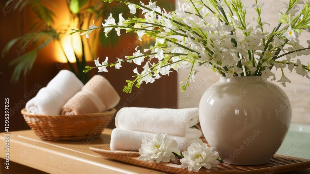Tranquil Spa Retreat: A serene and inviting spa setting with white towels, a vase of fresh flowers, and a wooden table. Perfect for promoting relaxation, wellness, and rejuvenation. Tranquil Spa Retreat: A serene and inviting spa setting with white towels, a vase of fresh flowers, and a wooden table. Perfect for promoting relaxation, wellness, and rejuvenation.