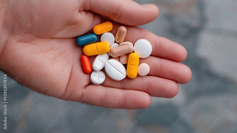 A close-up shot of various pills in an individual's open palm, symbolizing choice, diversity, and the concept of health, decision-making, or wellness choices. A close-up shot of various pills in an individual's open palm, symbolizing choice, diversity, and the concept of health, decision-making, or wellness choices.