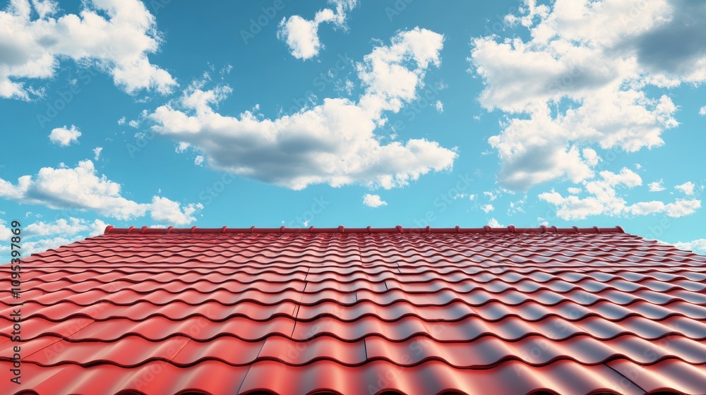 A red tiled roof under a blue sky with fluffy clouds, showcasing architectural design. A red tiled roof under a blue sky with fluffy clouds, showcasing architectural design.