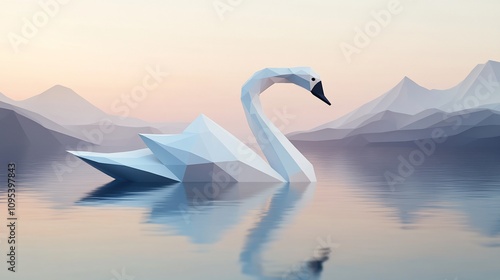 Fototapeta Naklejka Na Ścianę i Meble -  Low-poly swan floats on calm lake at sunrise, mountains in background.