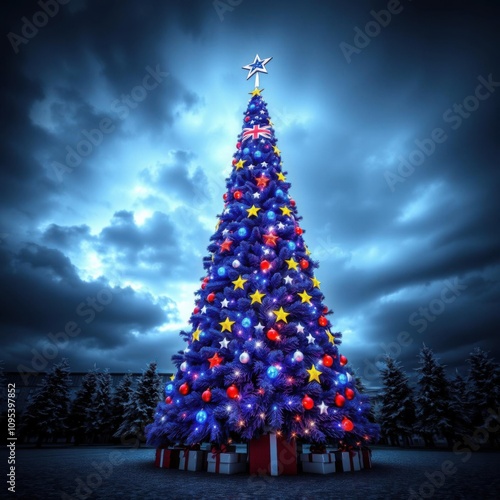  Christmass tree in europe union flag colorsblue christmass tree with christmass tree toys in star shape at the darkgrey backgroundbannercopy space christmas tree holiday winter festive celebration    photo