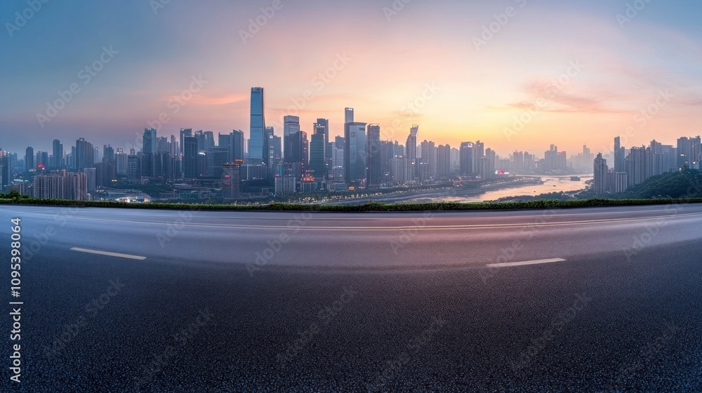 Urban Skyline Panorama at Dawn: A Breathtaking View from an Empty Asphalt Road