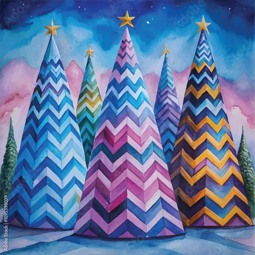 Vibrant multicolored Christmas trees featuring bold zigzag patterns and golden star toppers