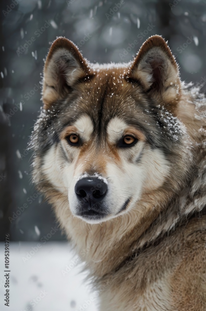 Dog with a brown and white coat is standing in the snow Dog with a brown and white coat is standing in the snow