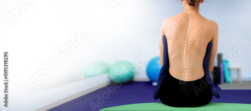Young Woman from the back in a physiotherapy clinic, illustrating spinal scoliosis. Osteopathic medicine and physiotherapy. With blurred background of modern hospital or clinic