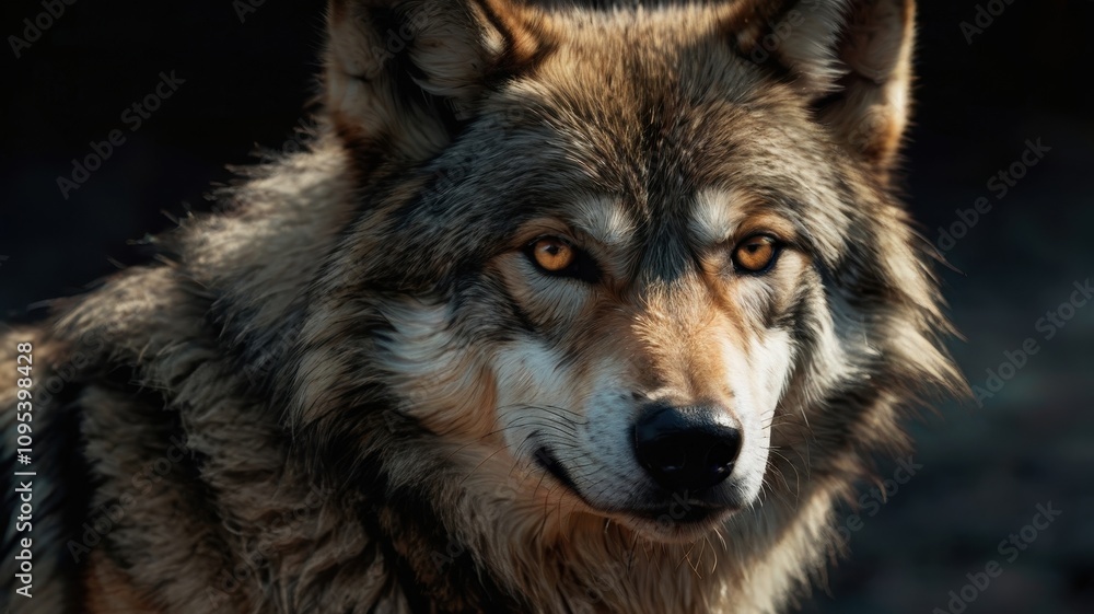 Wolf with a brown and black coat and a yellow eye Wolf with a brown and black coat and a yellow eye