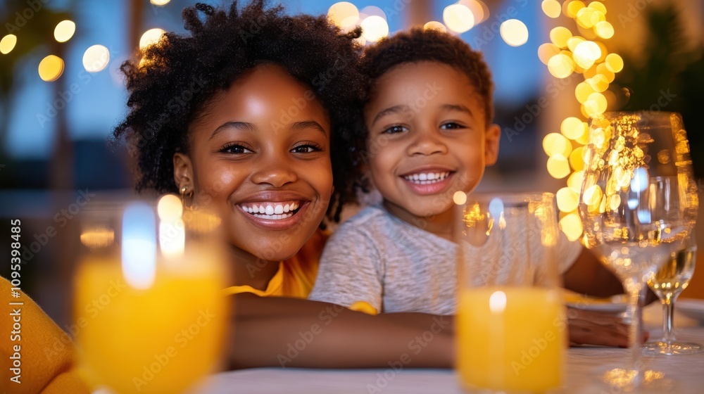 A mother and her young son smile warmly at a dinner table adorned with glowing candles, creating a cozy and festive atmosphere surrounded by twinkling lights. A mother and her young son smile warmly at a dinner table adorned with glowing candles, creating a cozy and festive atmosphere surrounded by twinkling lights.