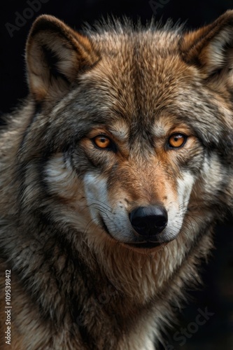 Wolf with a brown and gray coat and yellow eyes