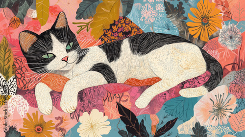 Folk-Art Inspired Illustration of a Cat Relaxing in a Colorful Floral Background
