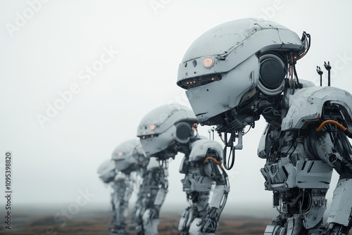 Several advanced robots stand in line within a barren landscape, their sleek forms illustrating technological advancement and an uncertain future horizon.